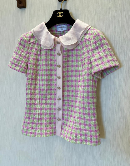 CC 25 Doll Collar Top Pink Green Tweed Fabric