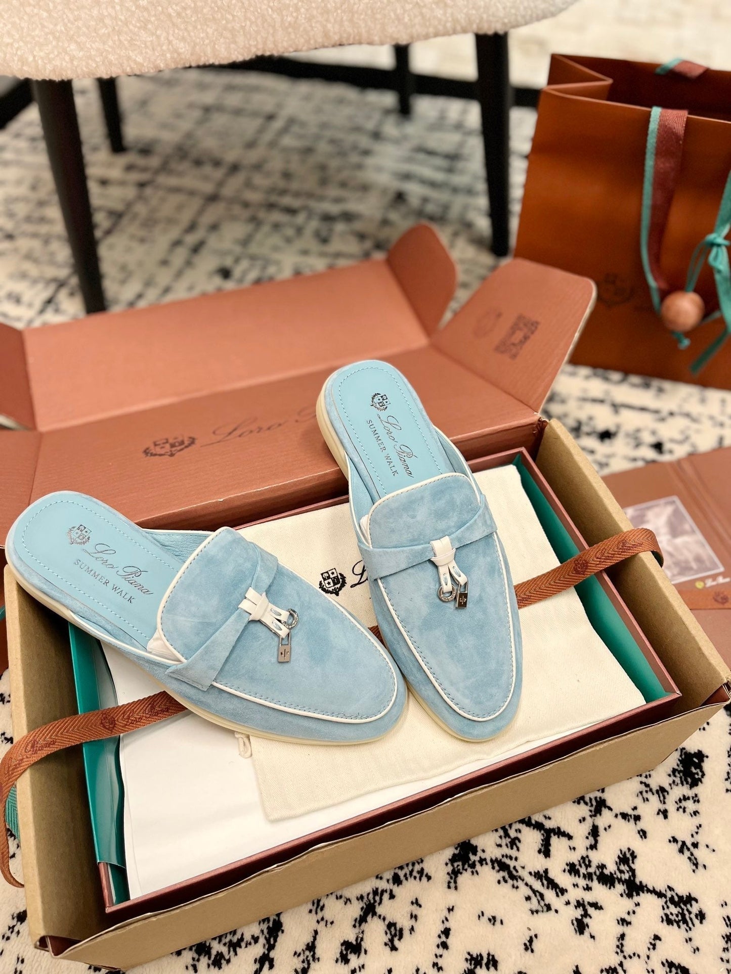 Loro Piana Blue Sky White Suede Charms Walk Flat Mules
