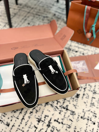 Loro Piana Black White Suede Charms Walk Flat Mules