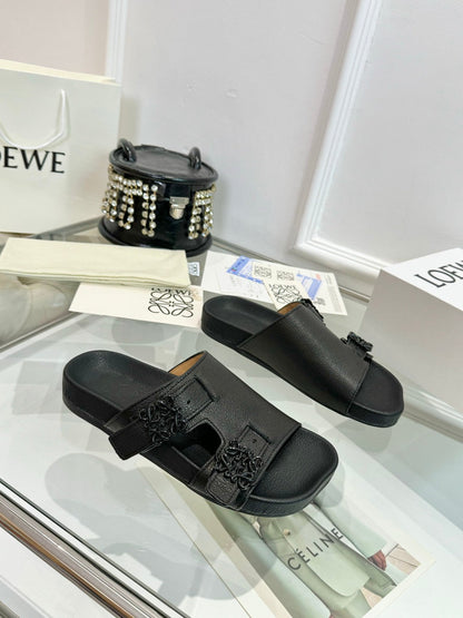 Loewe Ease Leather Slide Black Sheepskin