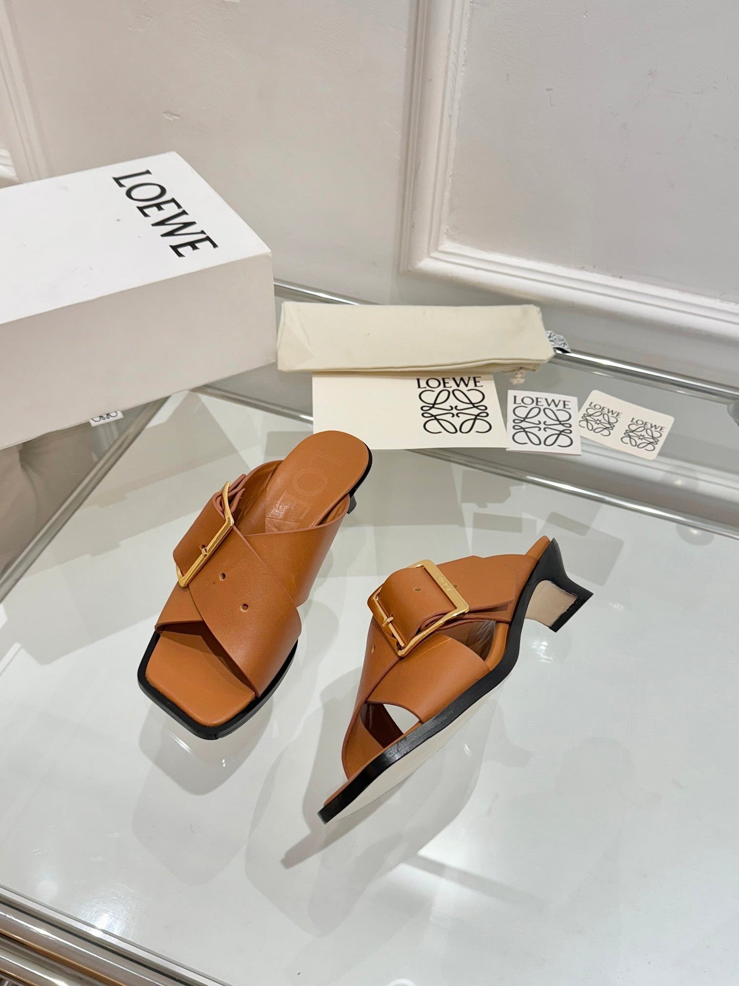 Loewe Petal Belt Mule Mahogany Brown Cowhide