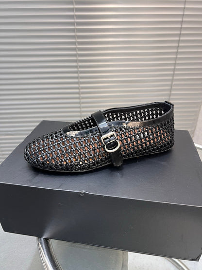 Alaia Braided Hollow Ballet Flats Black Cowhide 300041