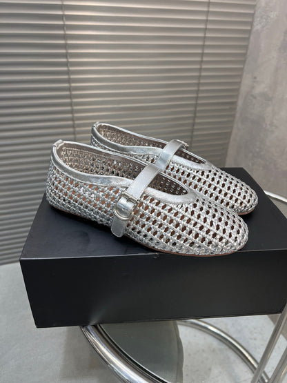 Alaia Braided Hollow Ballet Flats Silver Cowhide 300042