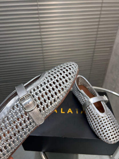 Alaia Braided Hollow Ballet Flats Silver Cowhide 300042