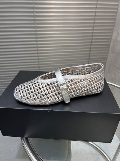 Alaia Braided Hollow Ballet Flats Silver Cowhide 300042
