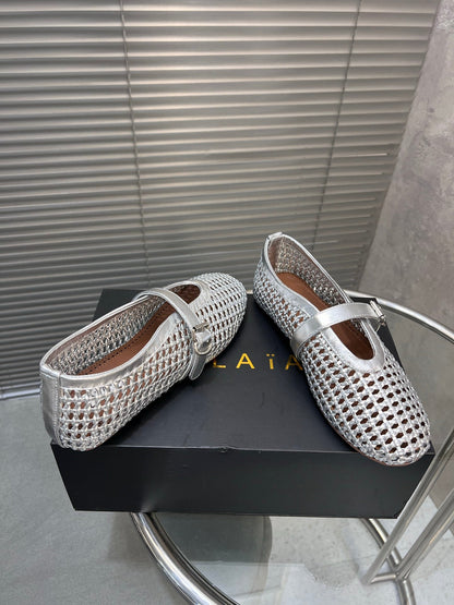 Alaia Braided Hollow Ballet Flats Silver Cowhide 300042