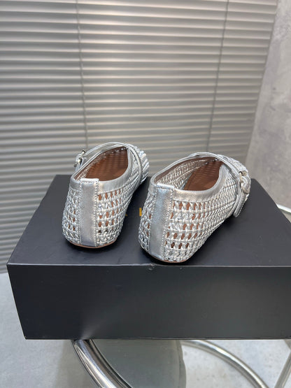 Alaia Braided Hollow Ballet Flats Silver Cowhide 300042