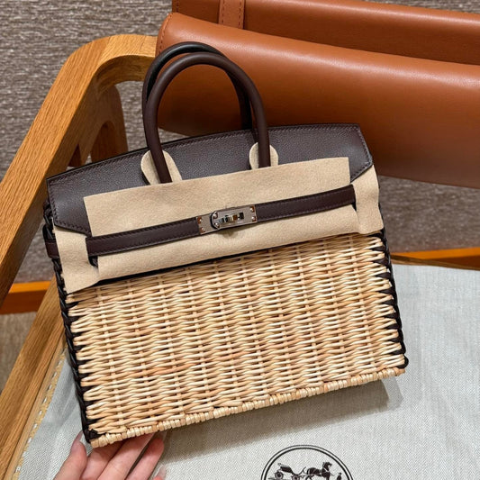 HM BIRKIN 25 CM PICNIC CHOCOLATE BAMBOO AND RATTAN
