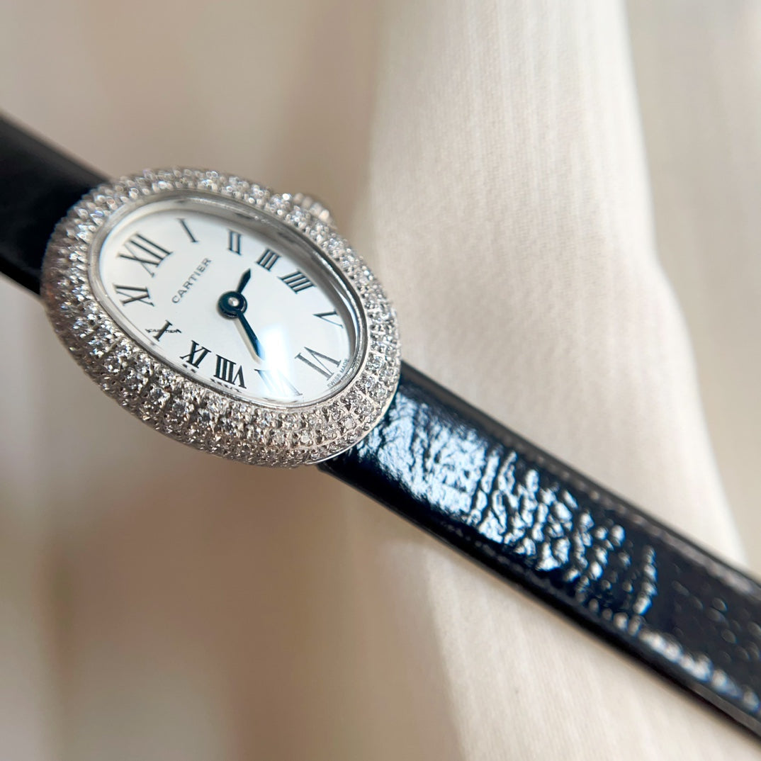 Baignoire Silver Diamond Case Black Leather Strap