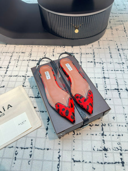 Alaia Heart Flat Slingbacks Red Leopard Sheepskin 800944