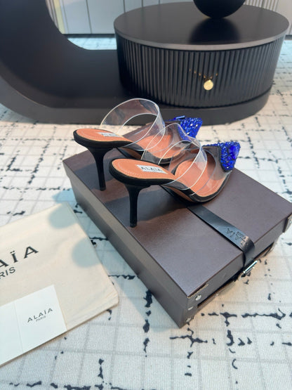 Alaia Heart With Crystals 90mm Heels Mules Dark Blue Sheepskin 800948
