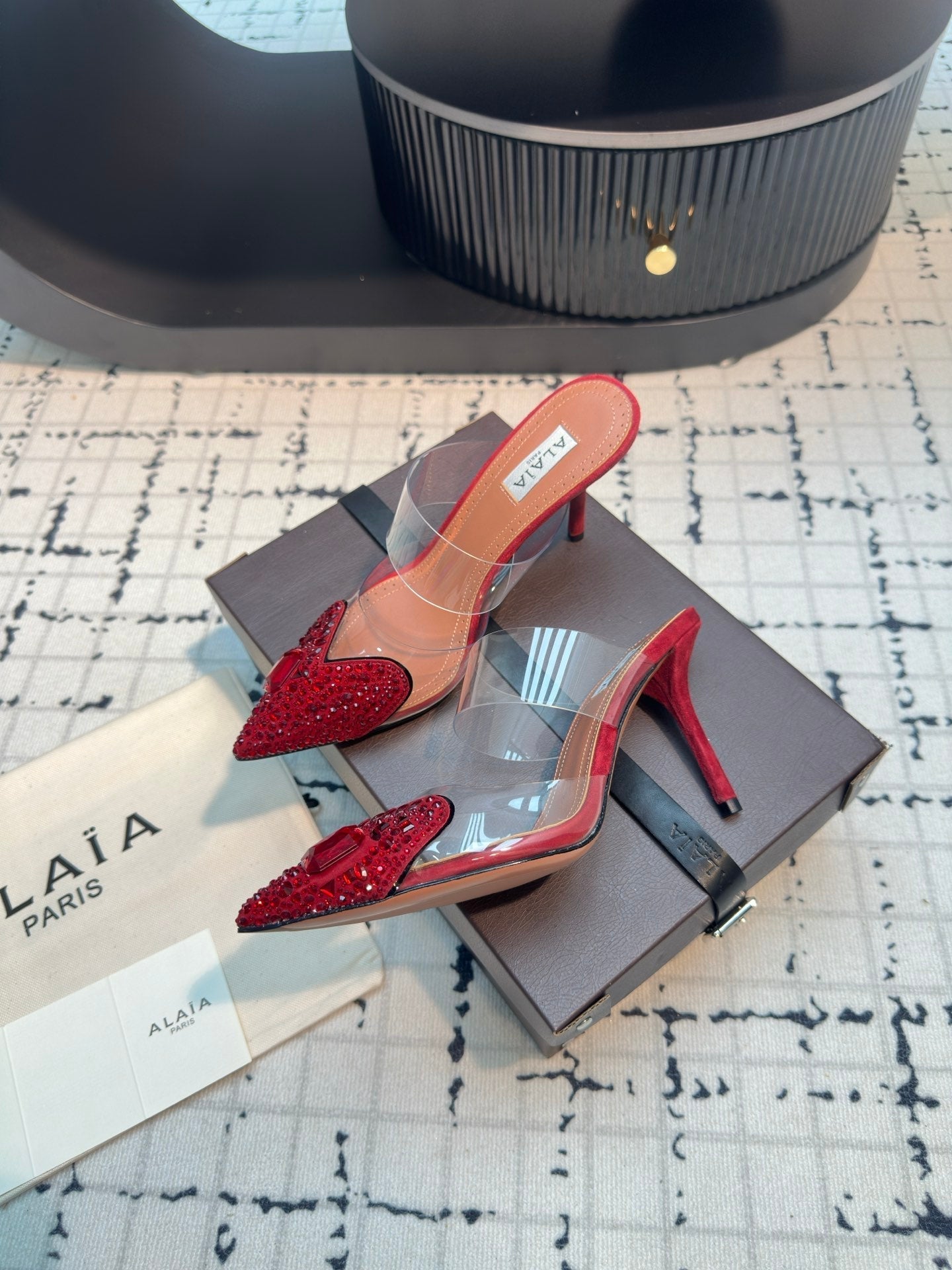Alaia Heart With Crystals 90mm Heels Mules Red Sheepskin  800949