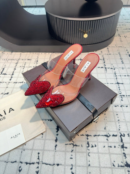 Alaia Heart With Crystals 90mm Heels Mules Red Sheepskin  800949