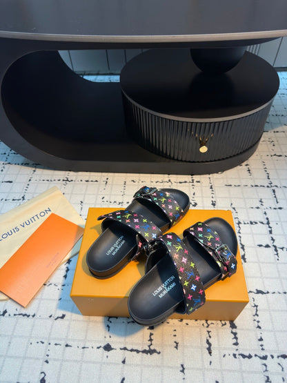 LV LV x TM Bom Dia Flat Comfort Mule Black with Monogram Multicolore Leather 218911