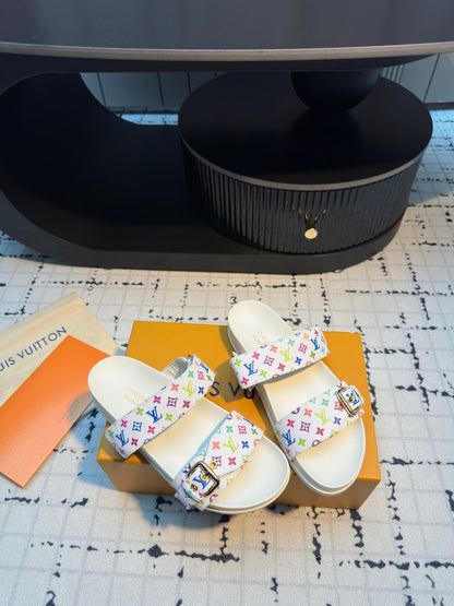 LV LV x TM Bom Dia Flat Comfort Mule White with Monogram Multicolore Leather 218912