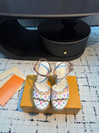 LV LV x TM Helios Wedge Sandal White with Monogram Multicolore Leather 218918