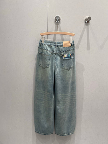 Loewe 25 Colorful Embroidered Scimitar Jeans Blue Cotton 217978