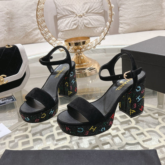 CC 25C 10CM Mid Heed Sandals Black Suede 213328