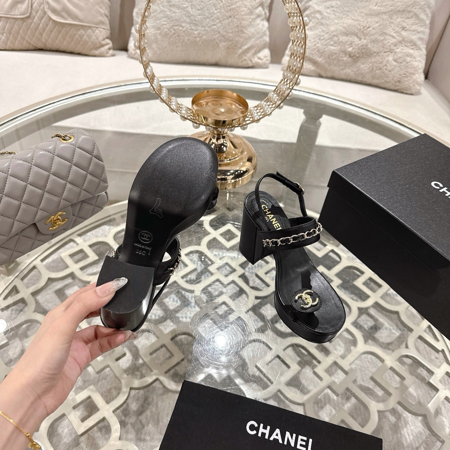 CC 25 Sandal Platform Heels Black Lambskin 268975