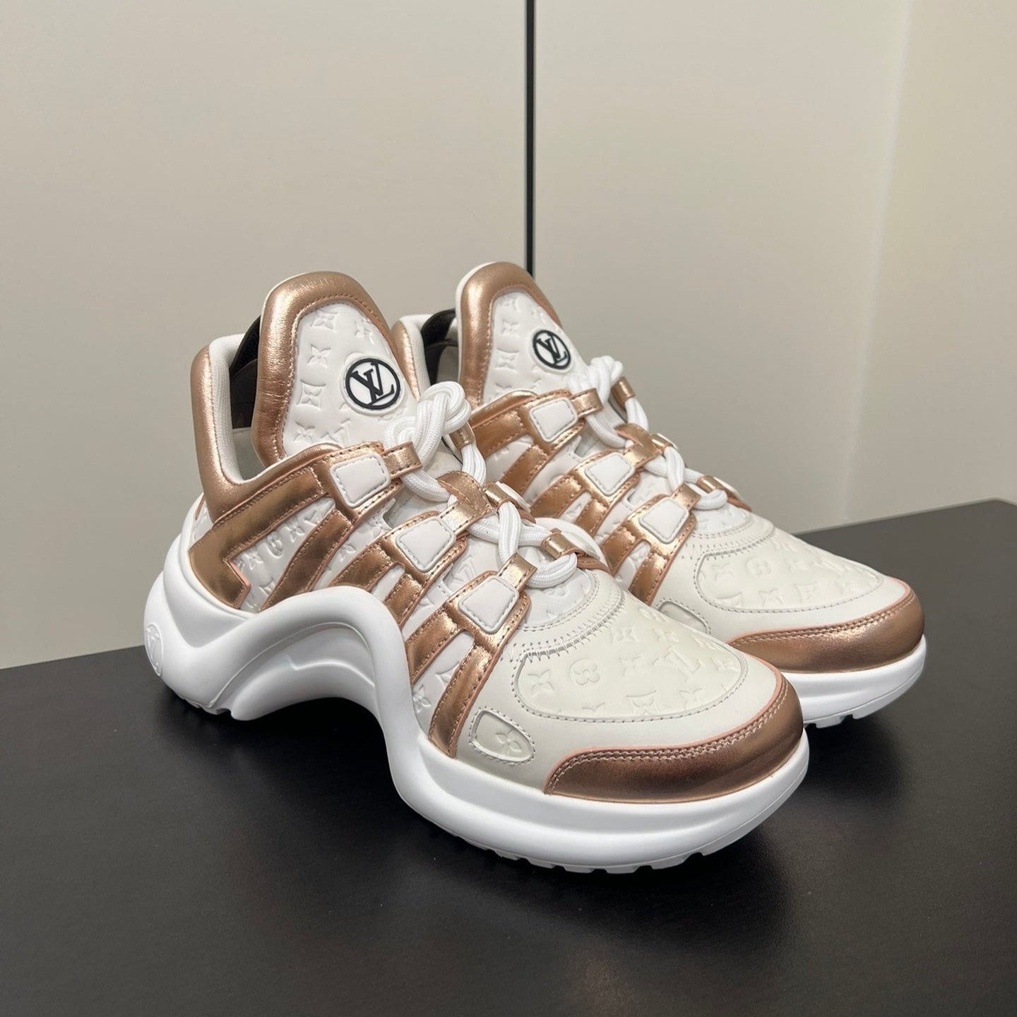 LV Archlight Sneaker 50mm White Mix Metallic Bronze Monogram Cowhide