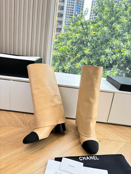 CC 25 High Boot Beige Calfskin Black Grosgrain 430337