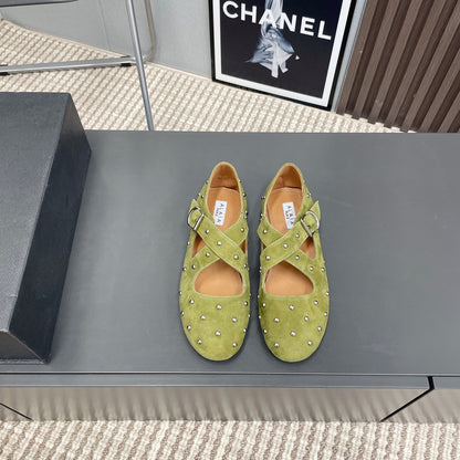 Alaia 2025 Criss Cross With Stud Ballet Flats Avocado Green Suede 293209