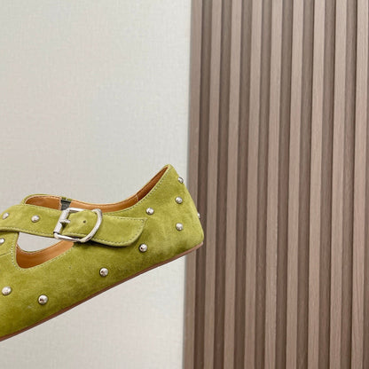 Alaia 2025 Criss Cross With Stud Ballet Flats Avocado Green Suede 293209