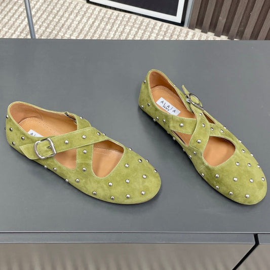 Alaia 2025 Criss Cross With Stud Ballet Flats Avocado Green Suede 293209