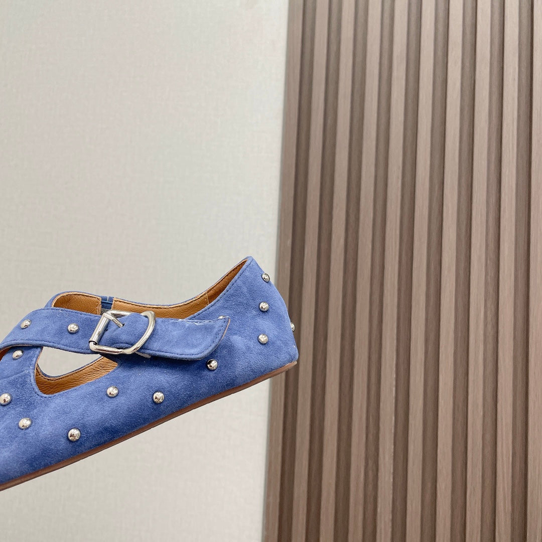 Alaia 2025 Criss Cross With Stud Ballet Flats Royal Blue Suede 293211