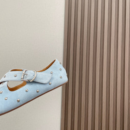 Alaia 2025 Criss Cross With Stud Ballet Flats Light Blue Suede 293212