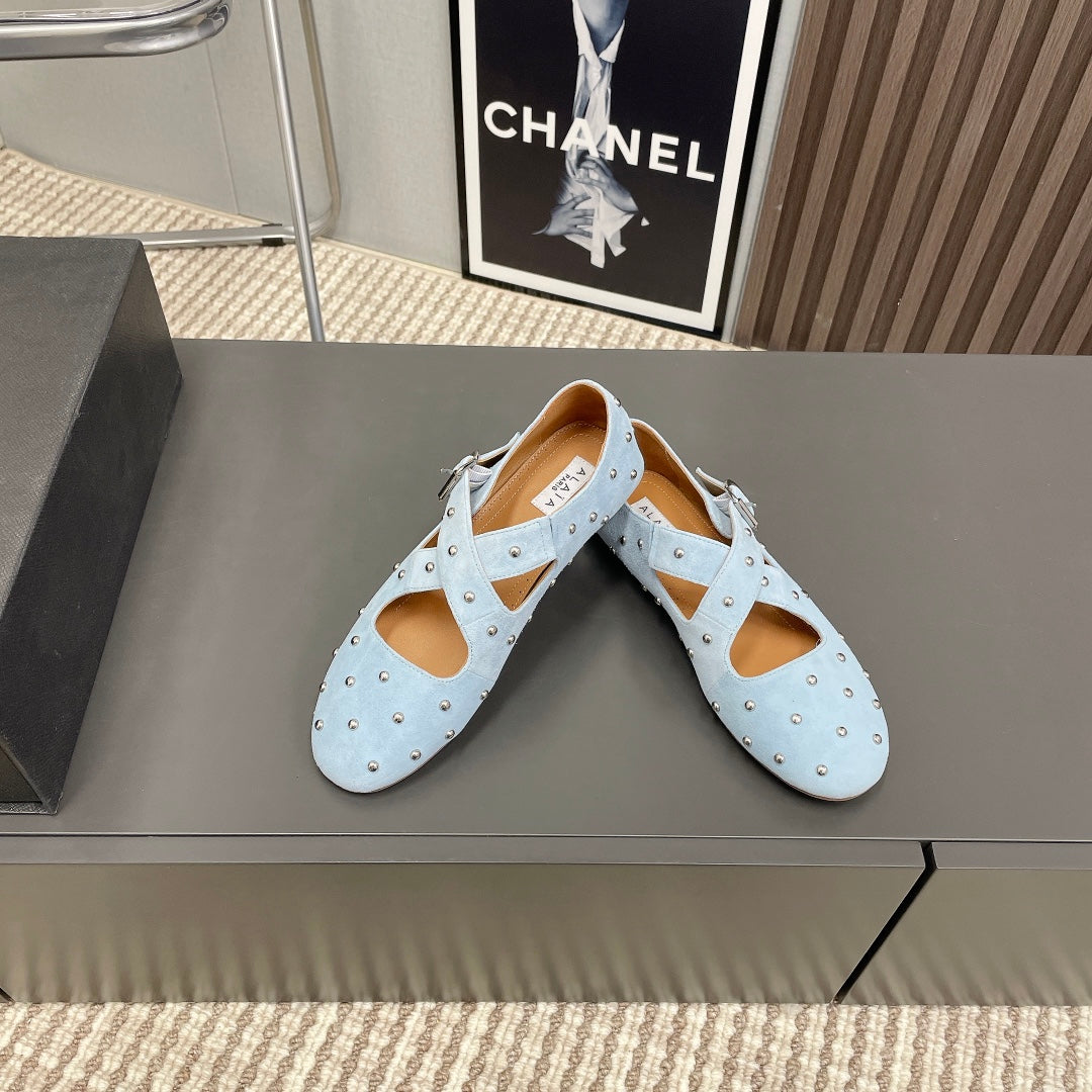 Alaia 2025 Criss Cross With Stud Ballet Flats Light Blue Suede 293212