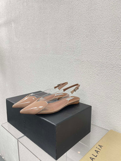 ALAIA LE COEUR FLAT SLINGBACKS IN BEIGE PATENT LAMBSKIN