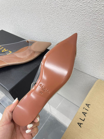 ALAIA LE COEUR FLAT SLINGBACKS IN BEIGE PATENT LAMBSKIN