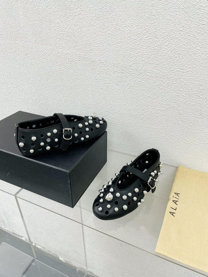 Alaila Ballet Flats In Black Lambskin Beaded  897246