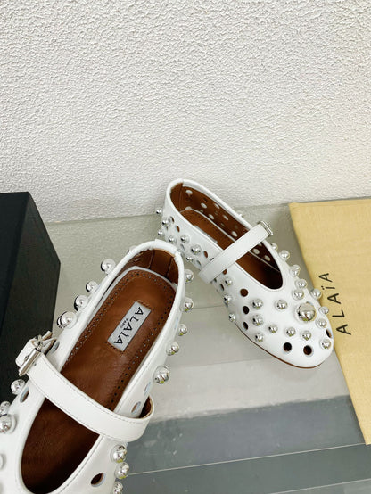 Alaila Ballet Flats In White Lambskin Beaded  897248