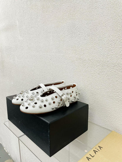 Alaila Ballet Flats In White Lambskin Beaded  897248