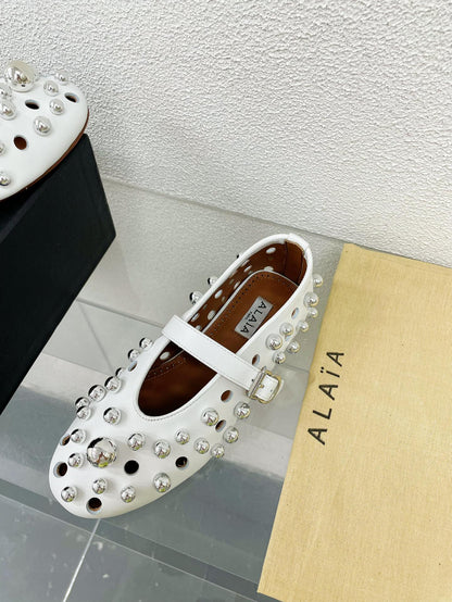 Alaila Ballet Flats In White Lambskin Beaded  897248