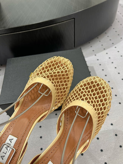 Alaila High Fishnet Pumps 90mm In Light Yellow Mesh Fabric 954852