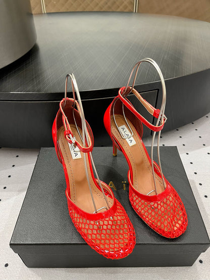 Alaila High Fishnet Pumps 90mm In Red Mesh Fabric  954854