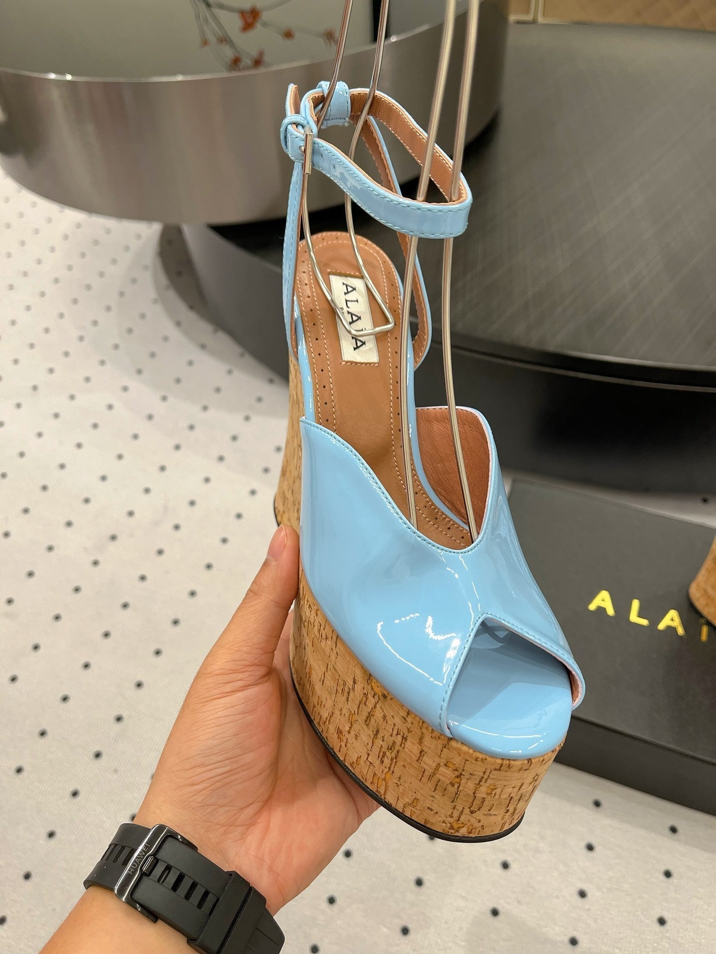 Alaila Wedge Sandals 135mm In Light Blue Glossy Lambskin 954899