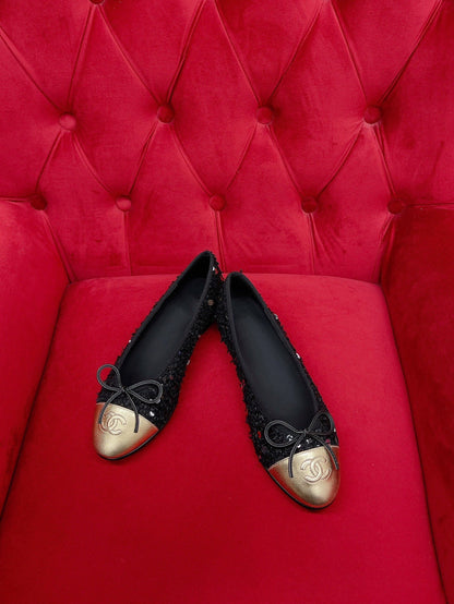 ballet flat black gold tweed metal calfskin