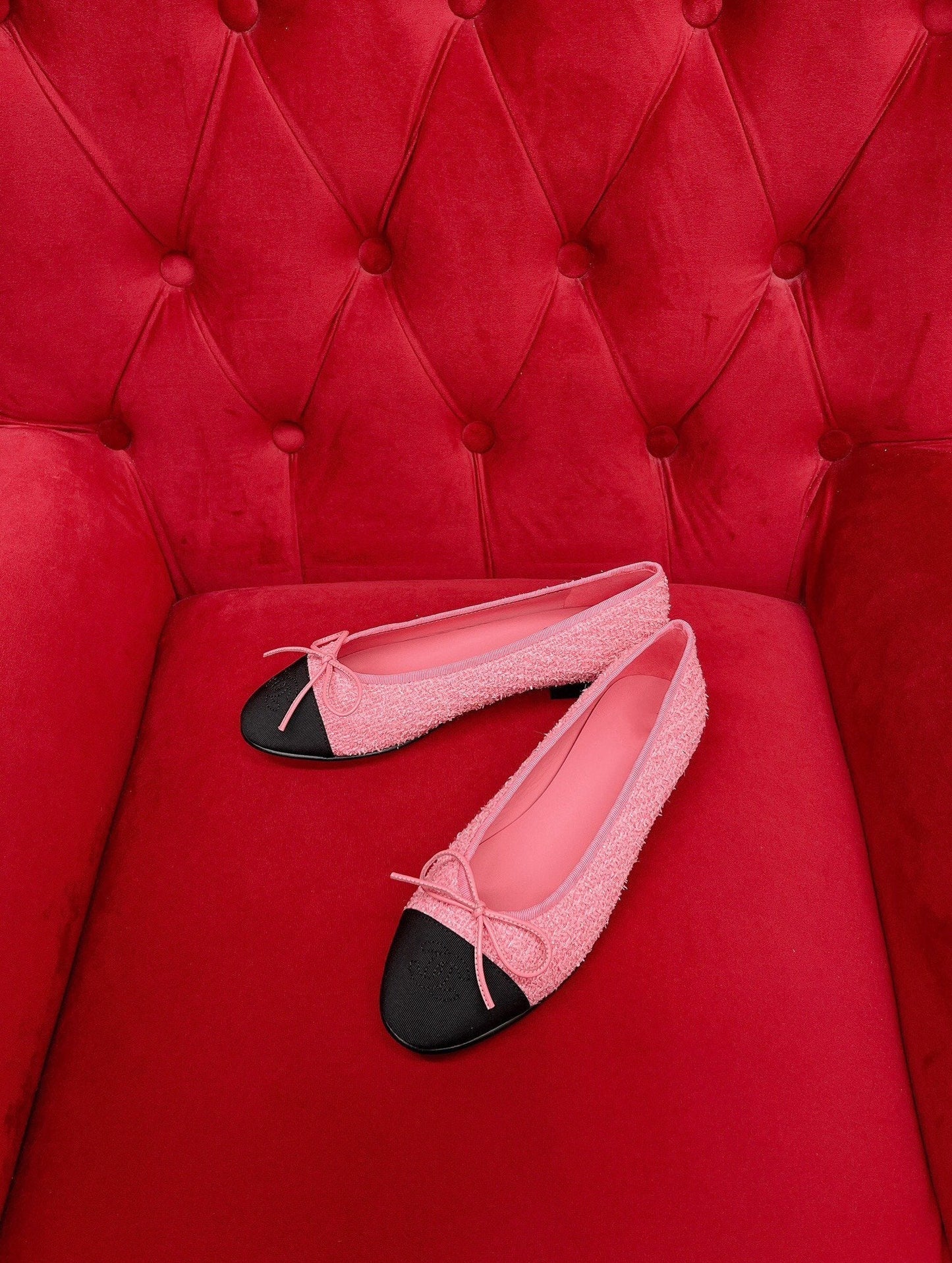 ballet flat pink black tweed grosgrain