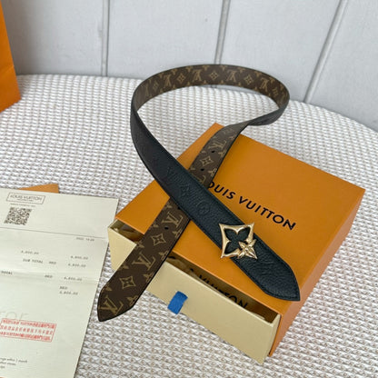 LV FLOWERGRAM 30MM REVERSIBLE BELT IN BLACK EMBOSSED CALFSKIN GOLD HARDWARE