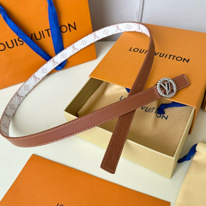 LV Circle Nautical 20mm Reversible Square End Tip Belt Silver Buckle Tan White lambskin