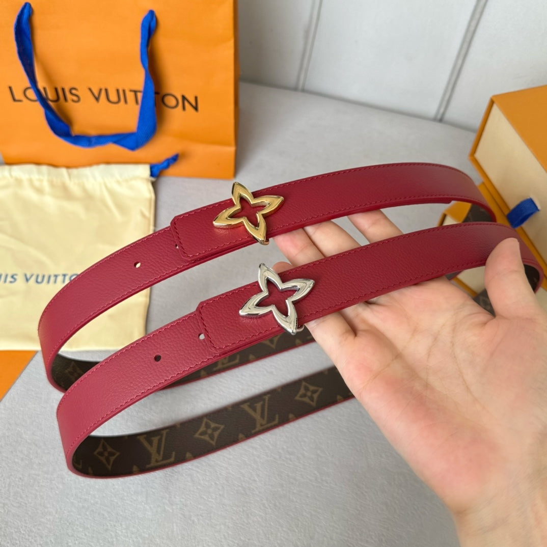 LV  MINI FLOWERGRAM 30MM REVERSIBLE BELT IN BLOOD RED CALFSKIN GOLD HARDWARE