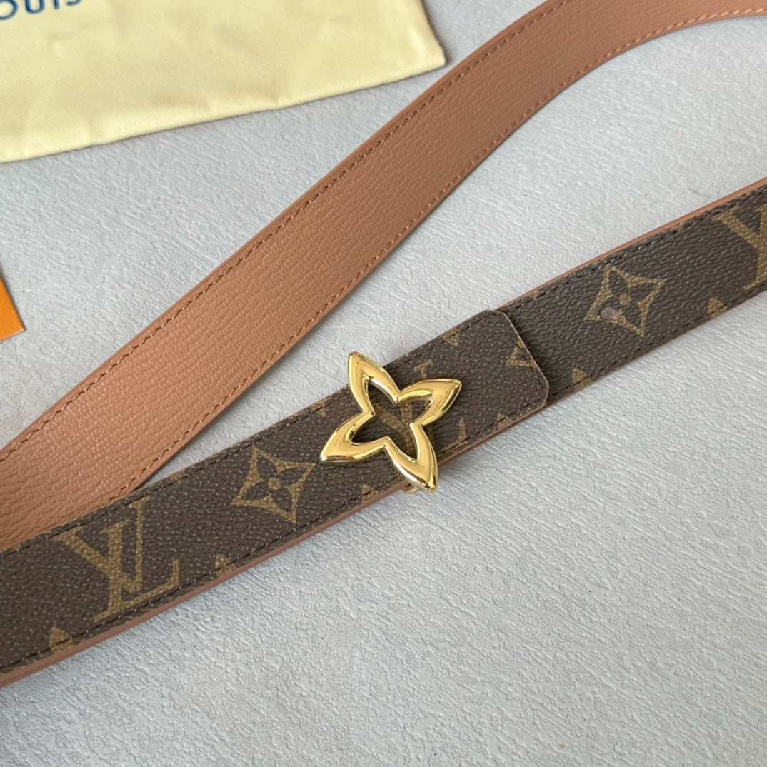 LV  MINI FLOWERGRAM 30MM REVERSIBLE BELT IN BUFF BROWN CALFSKIN GOLD HARDWARE