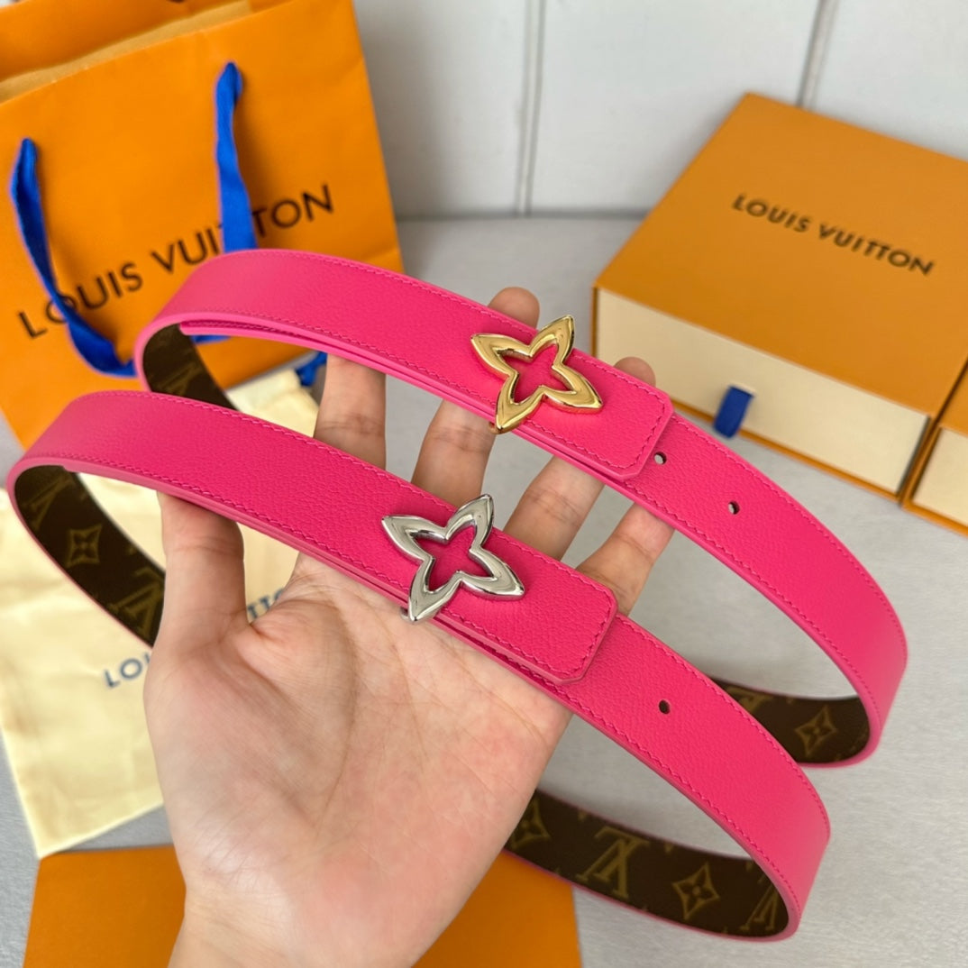 LV  MINI FLOWERGRAM 30MM REVERSIBLE BELT IN BRIGHT PINK CALFSKIN GOLD HARDWARE