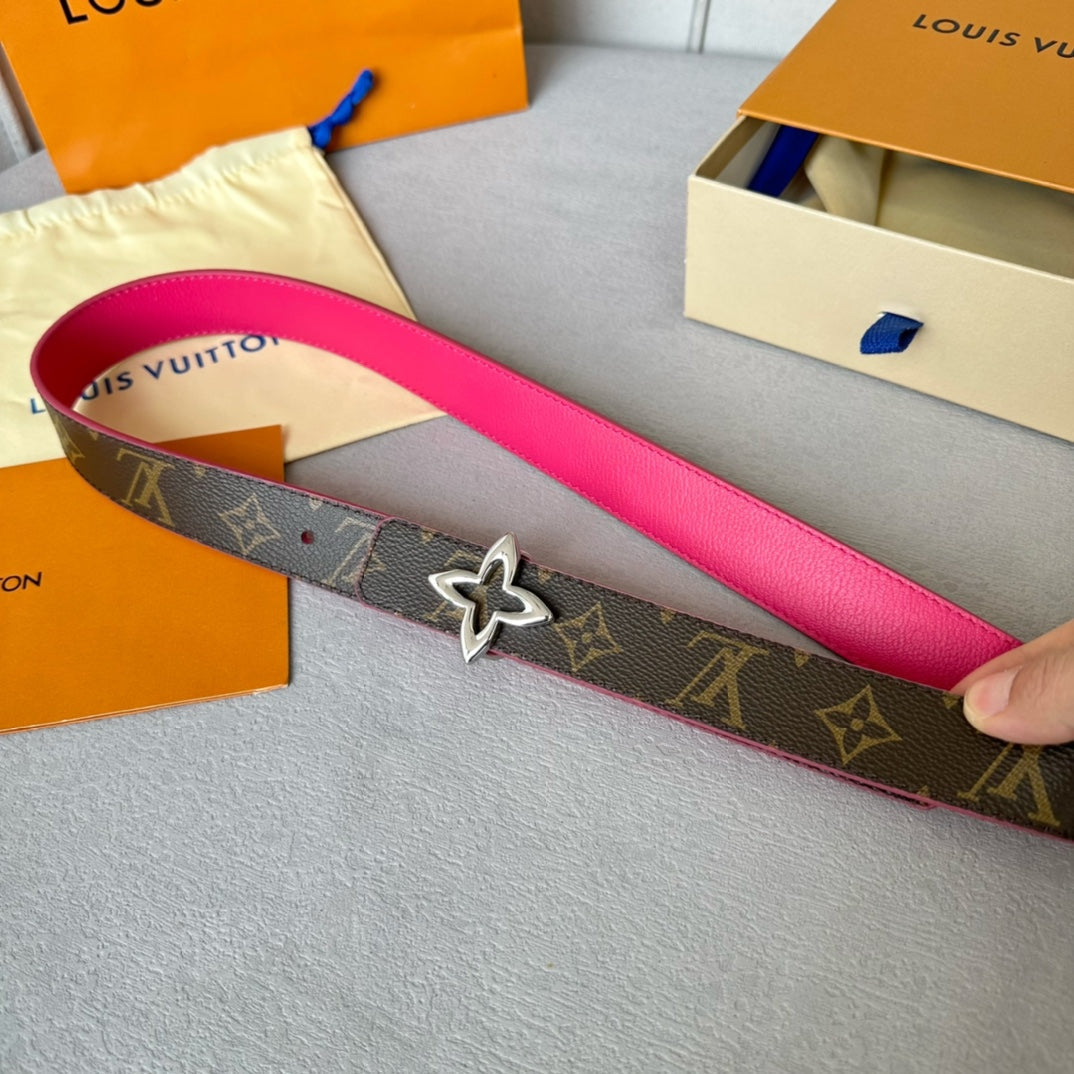 LV  MINI FLOWERGRAM 30MM REVERSIBLE BELT IN BRIGHT PINK CALFSKIN SILVER HARDWARE