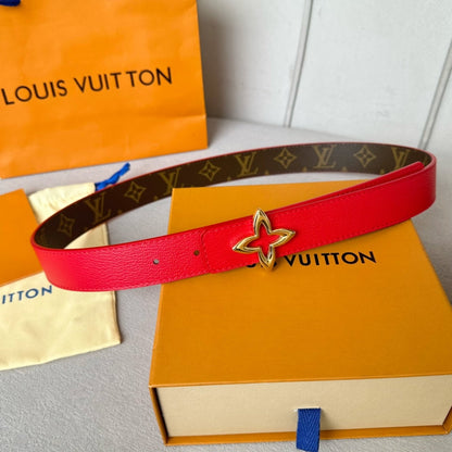 LV Flowergram 30mm Reversible Belt Gold Buckle Red Brown Leather