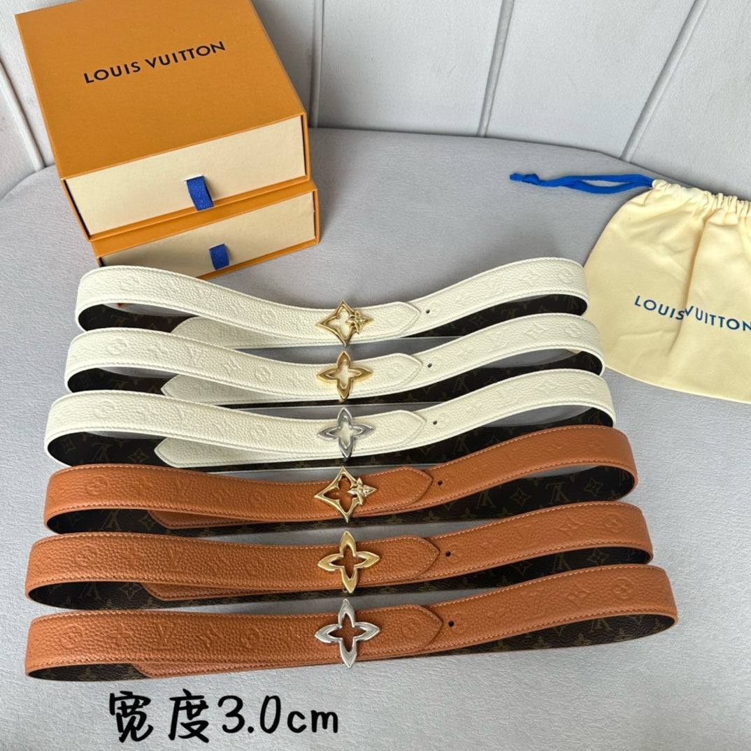 LV  MINI FLOWERGRAM 30MM REVERSIBLE BELT IN WHITE EMBOSSED CALFSKIN GOLD HARDWARE
